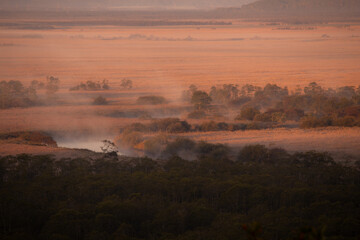 Kushiro Marsh, dyed in the colors of the morning glow and shrouded in mist
