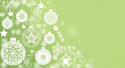 Elegant white christmas ornaments and snowflakes on a festive green background