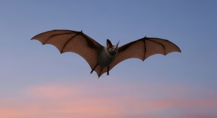 Silhouette of a Flying Bat Against a Pastel Sunset Sky, Wildlife Photography.