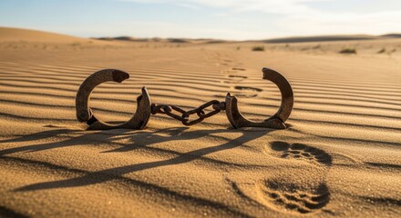 Abandoned Handcuffs Cast Long Shadows on Sun-Drenched Desert Dunes, Symbolizing Freedom or Despair.