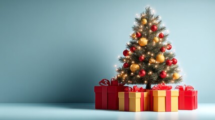 Christmas tree with red and yellow ornaments sits in front of a blue wall. The tree is surrounded by three boxes, one of which is red and the other two are yellow