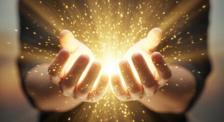 Hands Holding Golden Light - Sparkling Energy, Power, and Hope.