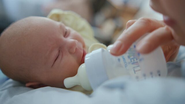 A close-up of a mother trying to bottle-feed a small infant with formula. The baby is resisting and refusing to eat