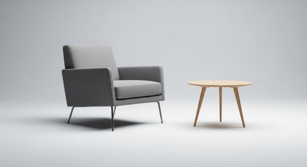 Minimalist gray armchair and wooden table in modern interior design setup