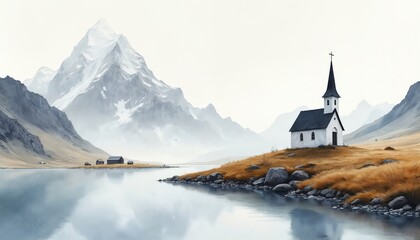 Watercolor painting presents tranquil mountain scenery. Small church stands on hill. Reflective lake mirrors landscape. Serene art depicts faith spirituality nature scenery