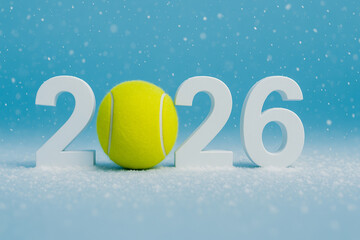 Bright tennis ball replacing the zero in 2026 on blue background, symbolizing active sports goals and healthy New Year resolutions