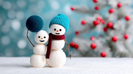 Two snowmen holding a blue ball and a red scarf. The snowmen are smiling and seem to be happy