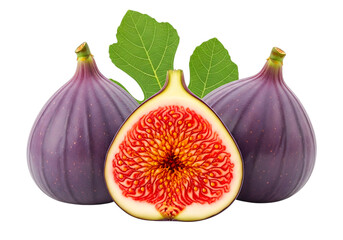 Fresh figs with a half fig isolated on transparent background, ready to be eaten