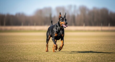 Energetic Doberman Pinscher Running Freely in a Sunny Field.