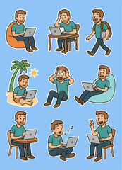 Funny Digital Nomad Cartoon Stickers, Remote Work and Freelance Lifestyle Illustrations