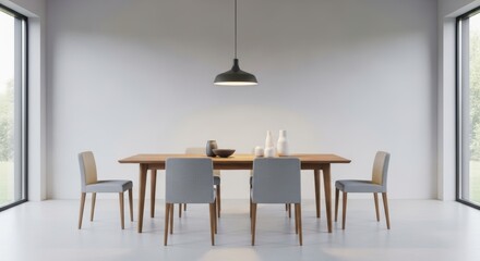 Modern minimalist dining room with wooden table and gray chairs