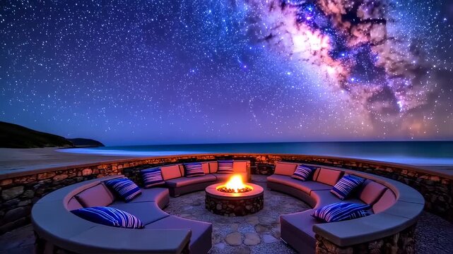 A starlit night scene features a cozy fire pit setting on a beach with a breathtaking milky way