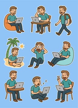 Funny Digital Nomad Cartoon Stickers, Remote Work and Freelance Lifestyle Illustrations