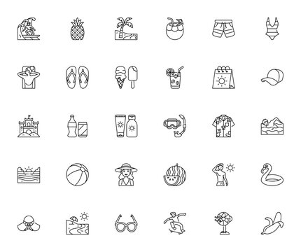 Summer vector icon set. Includes symbols for beach, urfing, swimsuit, pineappl, coconut, ice cream, sunst, watermelon, sunglasses nd more. Editable stroke ilustration.