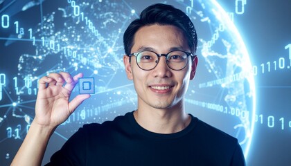 Tech expert with glasses smiles while holding a small microchip in front of the digital globe