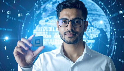 Smart man holding a computer microchip against the world globe background, conceptual technology, digital innovation. 