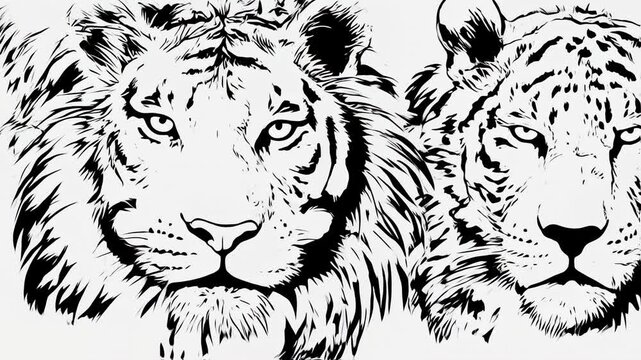 A black and white image of a lion and a tiger in a detailed, bold, graphic style