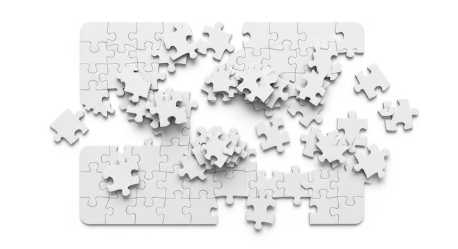 Scattered white puzzle pieces on blank background