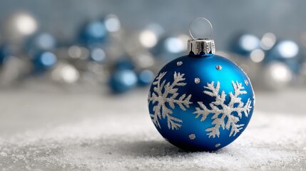 Blue snowflake ornament sits on a snowy surface. The ornament is surrounded by a variety of other ornaments, creating a festive and joyful atmosphere