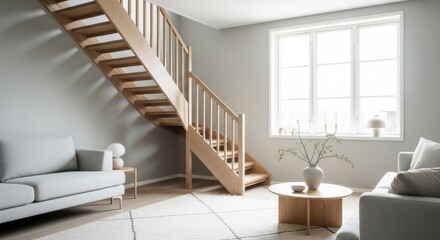 Fototapeta premium Modern minimalist living room with wooden staircase and scandinavian design elements