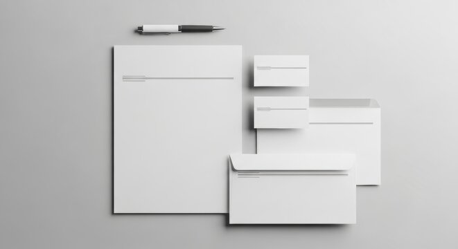 Modern minimalist stationery set with envelopes, letterhead, and business cards on gray background
