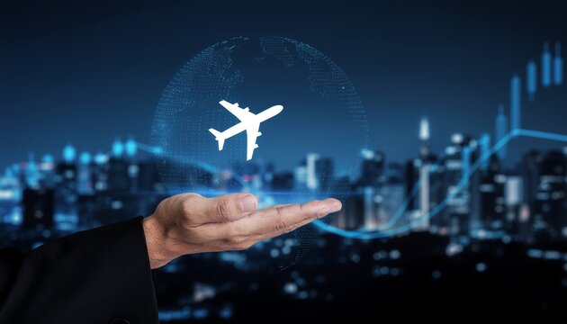 A person holding an airplane icon, with city and graph backgroud, representing traveling and business. The icon represents a concept of tourism, business trip and global expansion