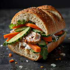 Banh Mi sandwich with chicken and fresh vegetables in Vietnam