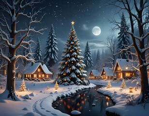 Peaceful snowy village with decorated Christmas tree and cozy cabins under full moon on winter night