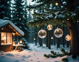 Cozy winter cabin in snowy forest with glowing Christmas ornaments and warm holiday lights at dusk