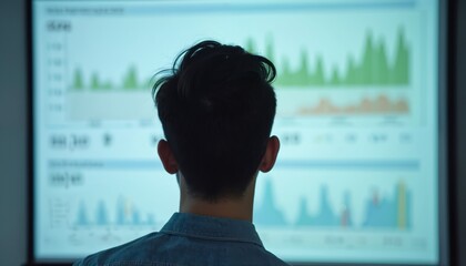 Man observes business data displayed on large screen projector. Analyzes charts graphs to understand company performance future strategy. Business meeting presentation about financial data analysis.