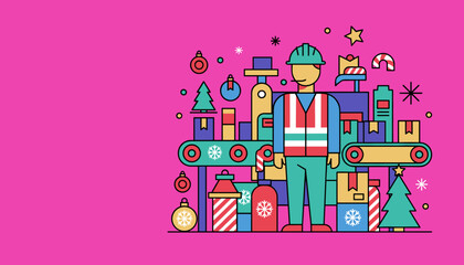 Industrial worker overseeing holiday gift packaging on a festive factory conveyor belt