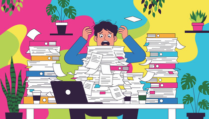 Overwhelmed worker buried under piles of documents office burnout and extreme workload concept