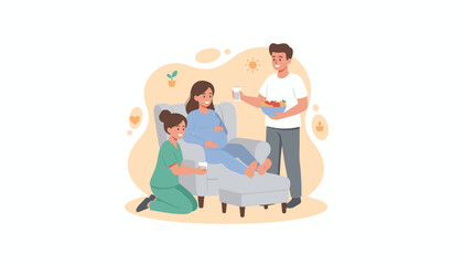 Prenatal care support pregnant woman with husband and nurse focusing on health and comfort