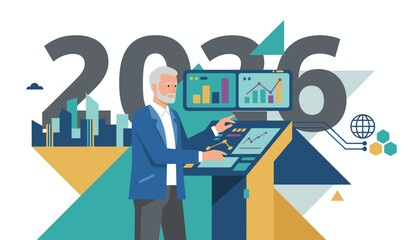 Forecasting 2026 Businessman analyzing financial data and urban development trends on a digital console