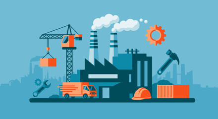 Industrial logistics manufacturing and construction process flat illustration featuring factory crane and delivery truck