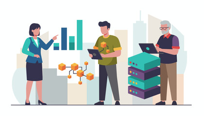 Team managing cloud server data analyzing blockchain networking and reviewing performance metrics