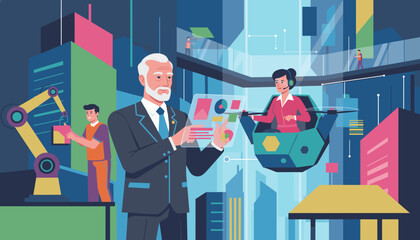 CEO uses holographic data in a future city featuring automation and urban air mobility