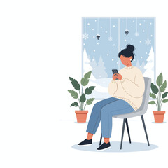 Woman using a smartphone indoors on a cold winter day Cozy home lifestyle and digital connection