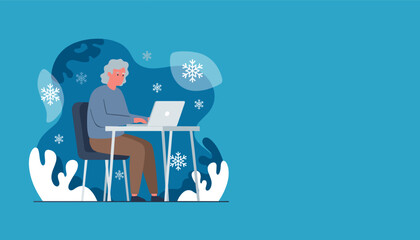 Senior man using laptop in winter setting Remote work technology for the elderly flat illustration