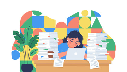 Overworked woman exhausted by mountains of paperwork suffering from burnout and deadline stress