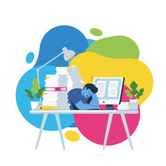 Burned out employee asleep at desk overwhelmed by huge stacks of paper and heavy workload