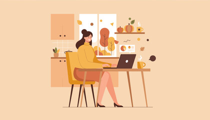 A woman works remotely on a laptop in a cozy autumn kitchen enjoying her flexible lifestyle