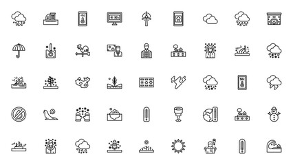 Weather icon set. Vector illustration. Includes Thunerstorm, Flooding, Thermomter, Windmill, Clouds, Torado, Tsunami, Snowman, Gloal warming and more. Editale stroke.