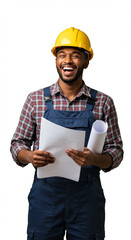 Happy Construction Worker with Blueprints Wearing a Hard Hat