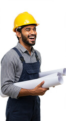 Smiling construction worker in hard hat holding blueprints, happy and ready for work on a white background