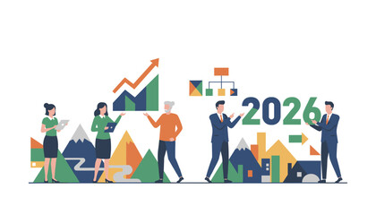 Business planning for 2026 success financial growth charts and team strategy illustration