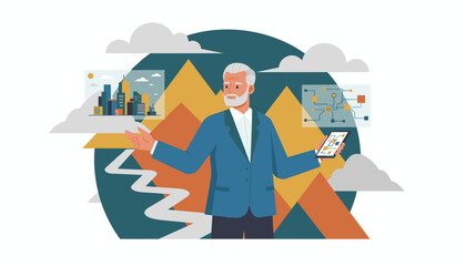 Experienced senior leader manages urban development and complex network solutions using a smartphone