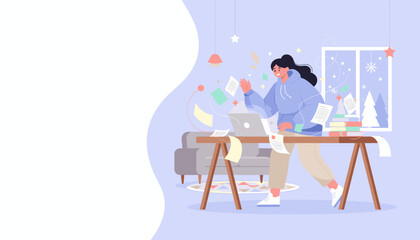 Happy woman working remotely on a laptop dynamic productivity and winter work from home concept