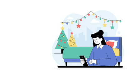Woman using smartphone in bed near Christmas trees and lights Holiday digital communication