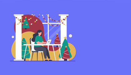 Festive remote work Woman using laptop at decorated home office during holidays